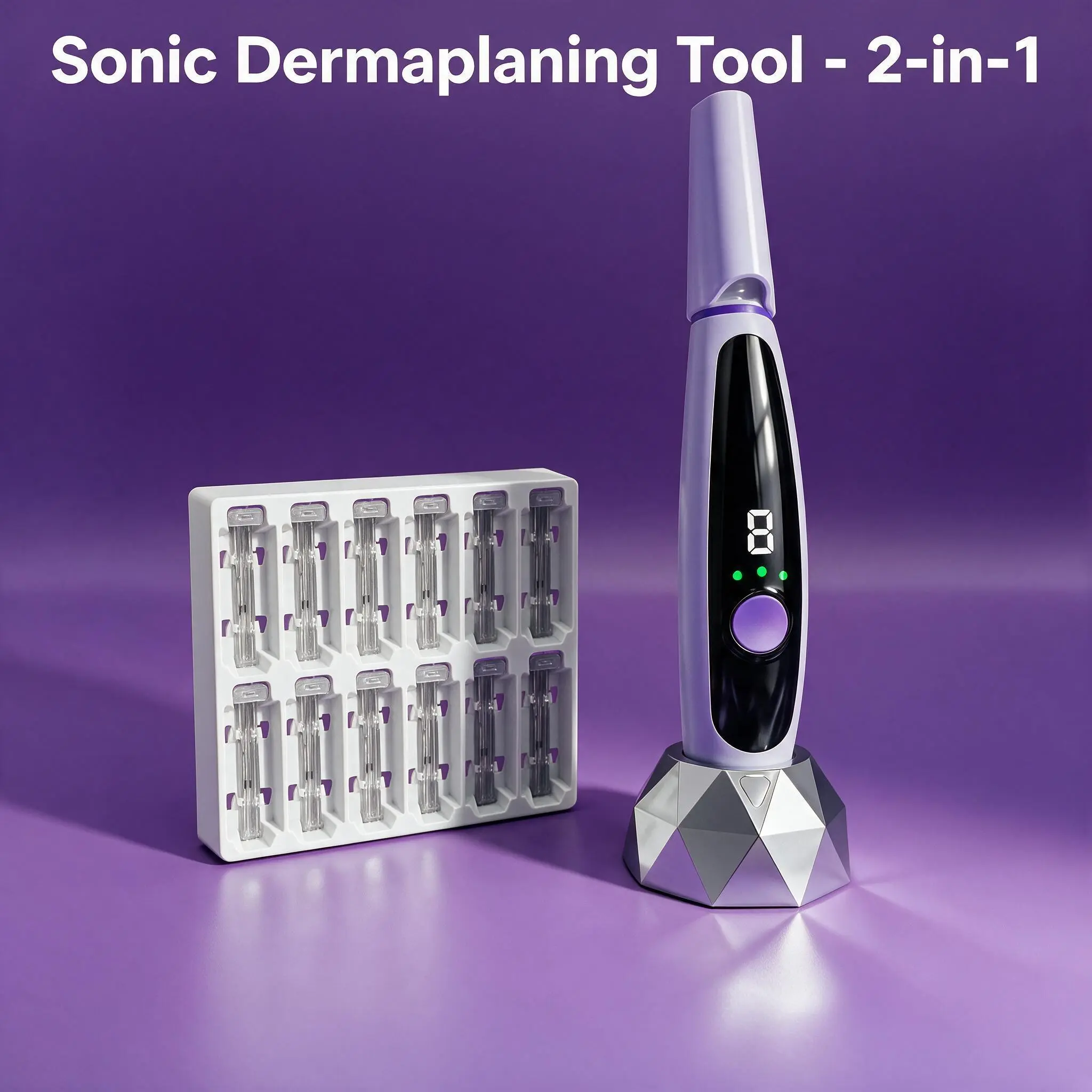Purple Sonic Dermaplaning Tool - 2-in-1 Facial Exfoliation & Peach Fuzz Hair Remover, 3 Speeds, 12 Rechargeable Blades, Safe for Sensitive Skin, for Smoother, Softer, Radiant Skin