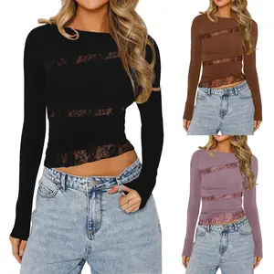 Women's Brown Lace Patchwork Long Sleeve Top -Fit, Ruched Detail, Machine Washable, Stylish Streetwear