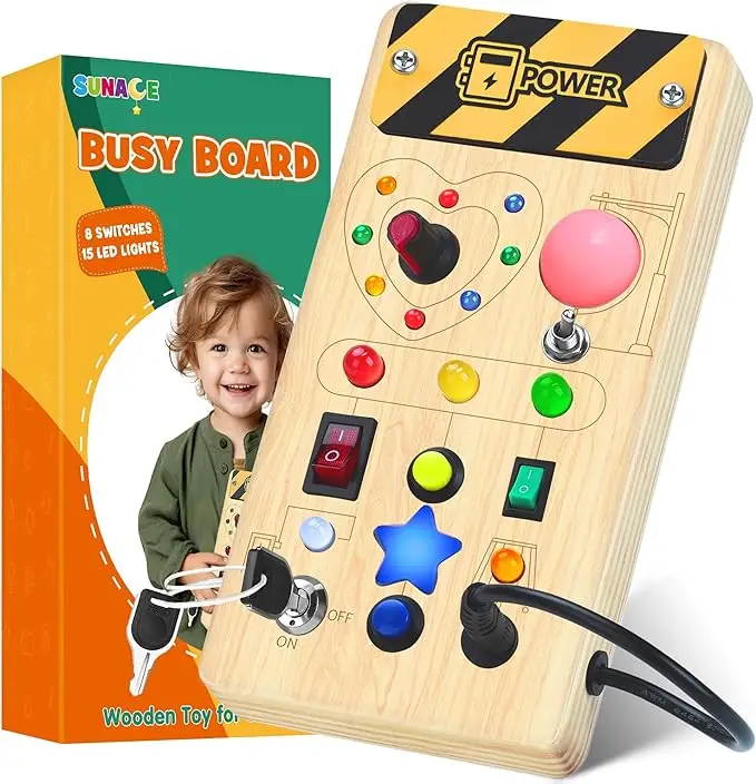 SUNACE Busy Board with Led Light,Montessori Toys Christmas Gifts for Boys and Girls, Wooden Toys with 8 Switches and 15 LED Lights, Light Switch Board
