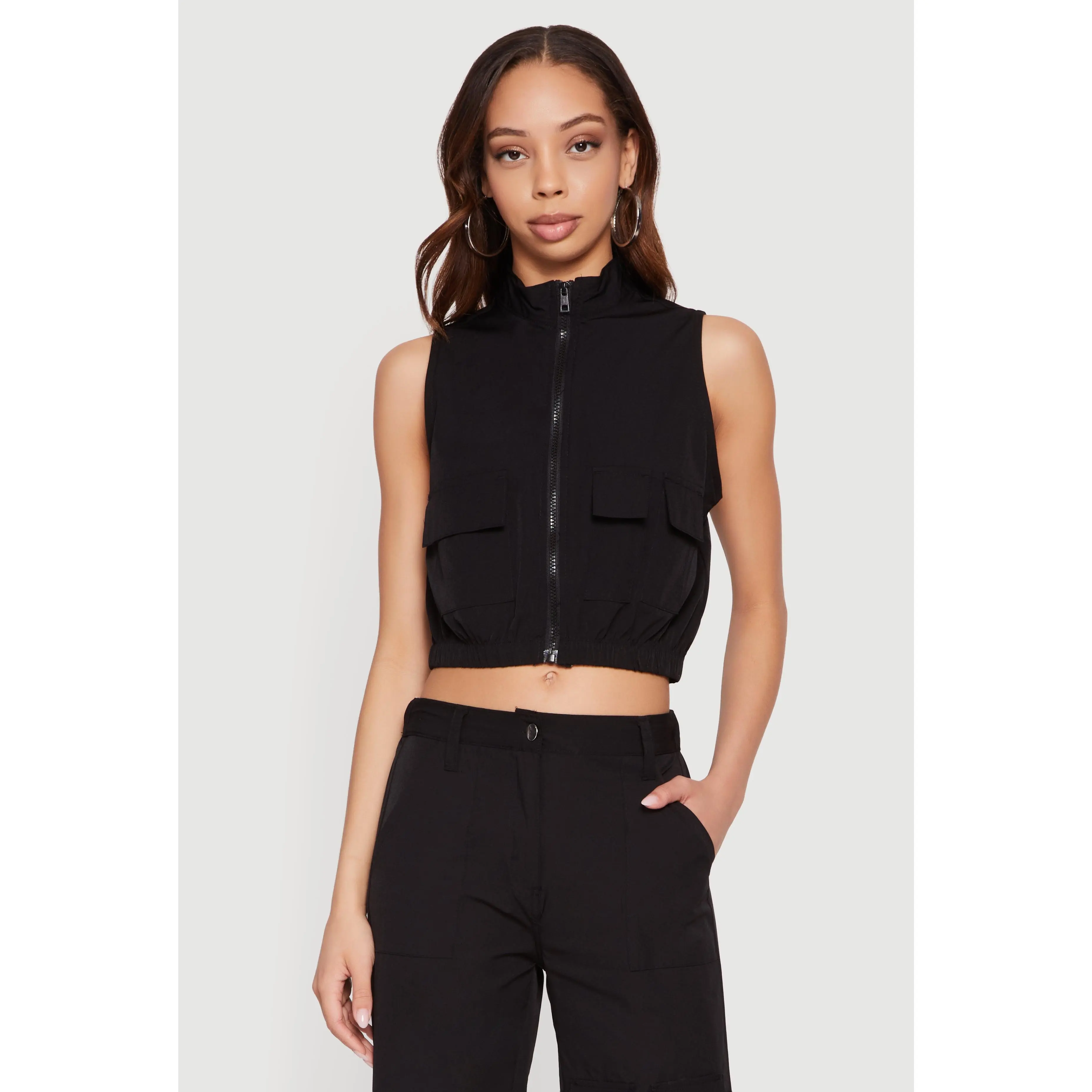 Nylon Cropped Zip Front Windbreaker Vest