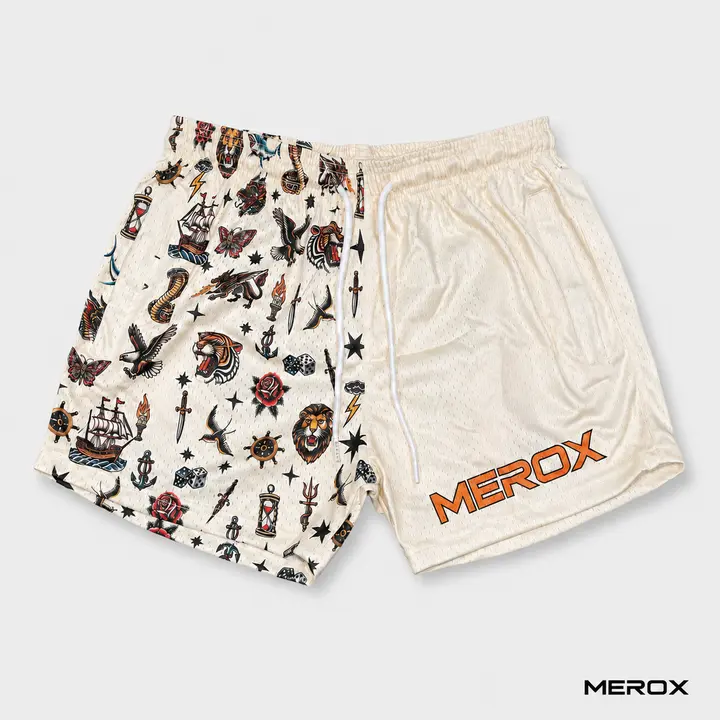 MEROX Traditional Tattoo 5-Inch Mesh Unisex Sports Shorts, Relaxed Fit Activewear Bottoms for Casual Wear, Fitness, Gym