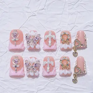 Nailssbysheccid, 10pcs press-on nails, duckbill style, 100% handmade, minimalist style, Y2K, French style, 3D, Glitter rhinestones, suitable for family dinners, dates, Comes with jelly glue, crystal sticks and shaping bars