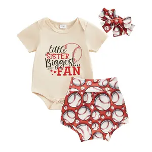 Baby Girl Baseball Outfits Little Sister Biggest Fan Romper Baseball Bummie Shorts Headband Set 3Pcs Summer Outfits #springtok