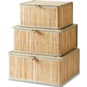 Bamboo Decorative Storage Boxes Set of 3 Woven Lined Storage Basket with Lids Beige Wicker Lidded Baskets for Home Kitchen Shelf Organizer Decor