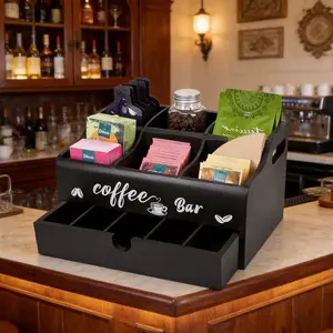 Black Wooden Coffee Bar Organizer - Theater-Inspired Design for Kitchen Lovers - Smart Storage for Coffee Pods & Syrups - Barista-Worthy Storage Solution - OrganizeWithStyle