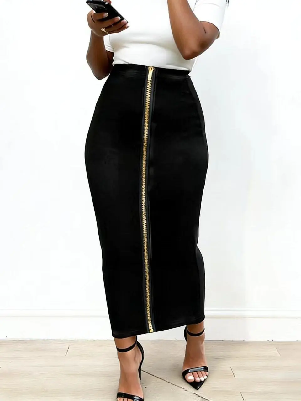 BESELIFA Women's High-Waisted Skinny Midi Skirt with Gold Zipper Detail, Slim Fit for Commuting & Everyday Wear, Women's Clothes, Chic, Midi Skirts, Piece, Style, Minimalist, Plain Skirt Set