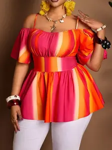 Plus Size Women's Summer Beach Vacation Blouse, Gradient Print One Shoulder Ruffle Shirt, Fitted Slimming Waist Casual Top for Parties and Daily Wear Womenswear