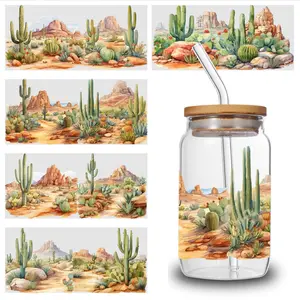 5 Sheets Desert Landscape UV DTF Stickers UV DTF 16oz Libbey Cup Wraps - Waterproof, Scratch-Resistant DIY Decals with 3D Crystal Effect, Self-Adhesive Transfer Paper for Cup Decoration, Floral & Bird Design