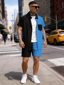 Men's Casual Color-Blocked Striped Short Sleeve Shirt & Shorts Set, New 2026 Style, Comfortable, Breathable, High-Quality, Elegant for Dating