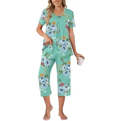 Women's Summer Capri Pajama Set - Short Sleeve Shirt and Pajama Pants 2 Piece Ladies Pjs Sets Comfortable Breathable Cotton Sleepwear Loungewear for Nightwear Home Wear Casual Soft Fabric Women's Summer Capri Pajama Set - Short Sleeve Shirt and Pajama Pants 2 Piece Ladies Pjs Sets Comfortable Breathable Cotton Sleepwear Loungewear for Nightwear Home Wear Casual Soft Fabric