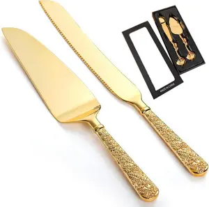 2 Pcs Gold Cake Knife and Server Set,Wedding Cake Cutting Utensils,Vintage Engraved Cake Cutter and Serving Spatula for Birthday,Anniversary,New Year Gifts,Hand Tools Kits