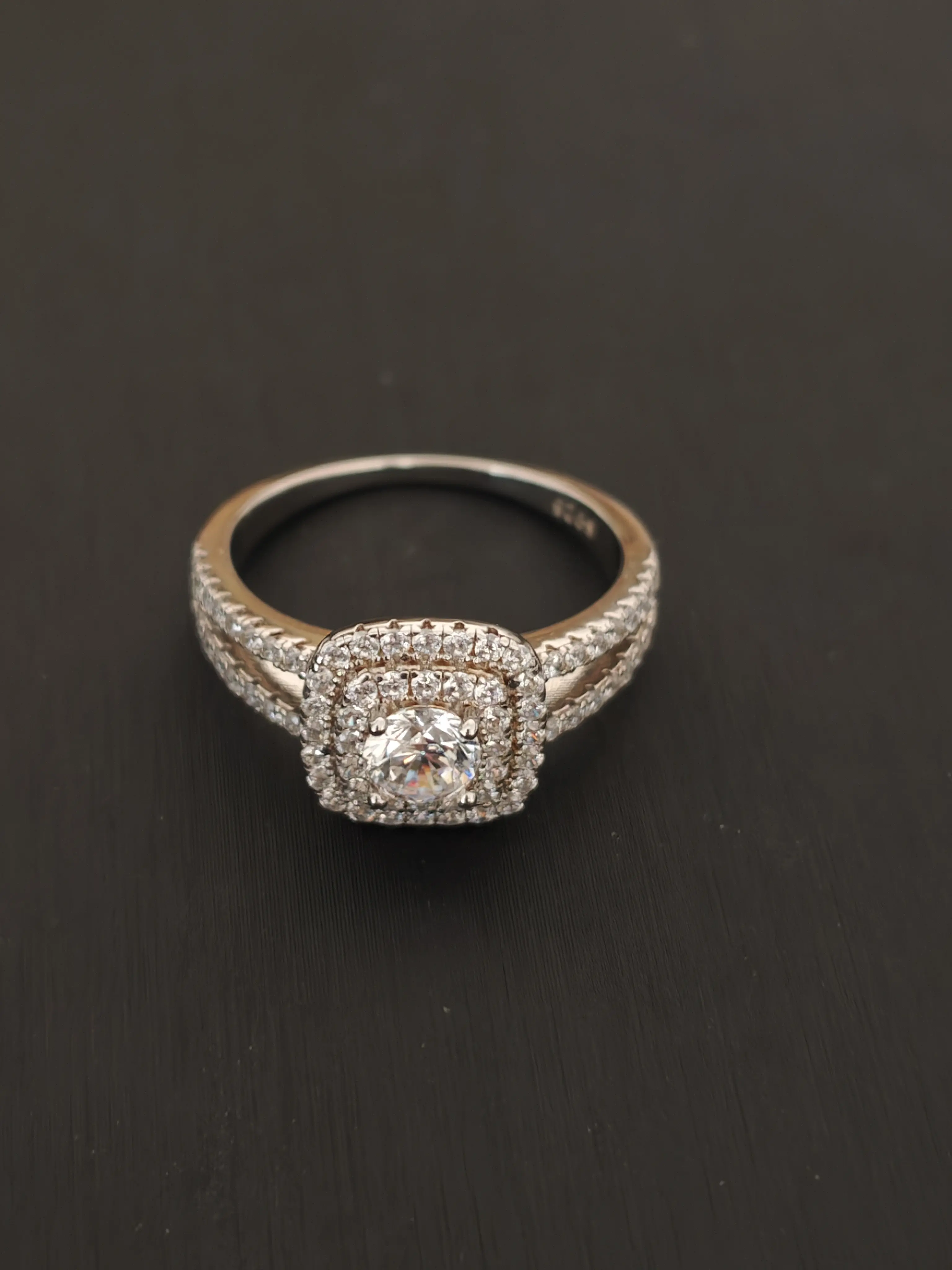 GP Silver Tone White Round Cut Cushion Halo Ring