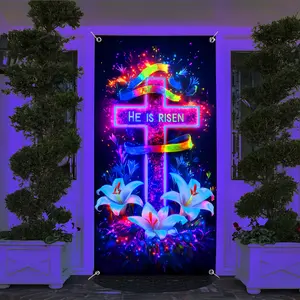 2D Flat - 2D Door Banner A 2D Door Banner Featuring a UV Glowing 'He Has Risen' Cross Design, This Vibrant Fluorescent Easter Decoration Includes Lilies And Colorful Lights.It Is Suitable for Both Indoor And Outdoor Use, Requires No Power