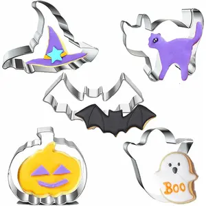 Halloween Cookie Cutters Set-5 Pieces Stainless Steel Baking Cutter Molds, Pumpkin,Ghost,Witch's Hat,Bat,Cat Cookie Cutters, Holiday Decorative Party Supplies