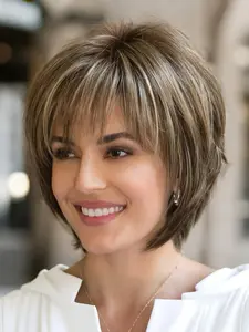 Women for Wig's, Short Layered Bob Wig with Gradient Brown Highlights - Natural Looking Air Bangs Synthetic Hair, Heat Resistant & Comfortable, Suitable Daily Wear & Thanksgiving/Christmas Parties Use Wig for Woman
