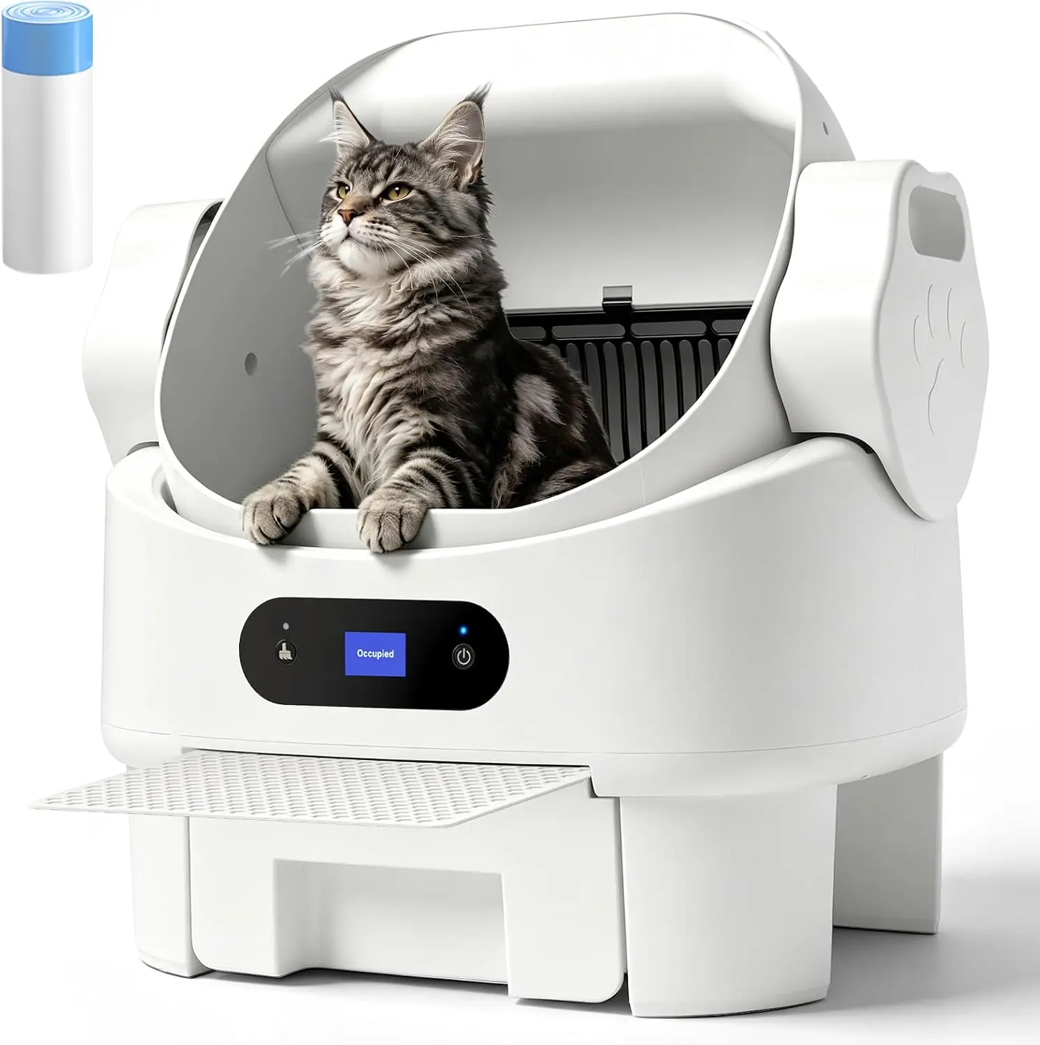 Self Cleaning Cat Litter Box,Ultra-Quiet,Anti-Pinch,Display,8L Waste Bin |   Splash-Proof Design,Automatic,Multi-Cat Friendly,Detachable Step,Easy Install,Washable Parts,Modern Style,White,Garbage Bag