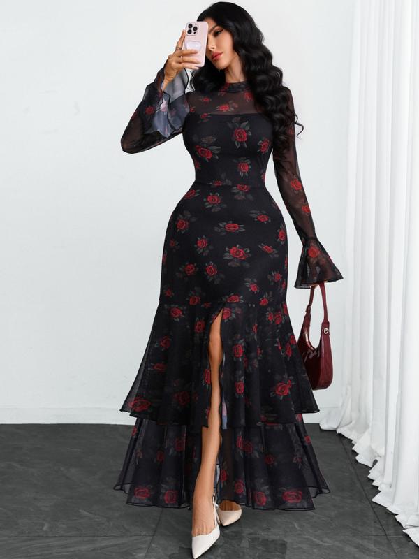 Women's Romantic Polka Dot Split Mesh Patchwork Layered Elegant Flared Skirt Dress, Fitted Style, All Seasons, No Waistband Included Women's Romantic Polka Dot Split Mesh Patchwork Layered Elegant Flared Skirt Dress, Fitted Style, All Seasons, No Waistband Included