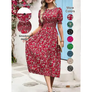 Women's Floral Print Bubble Hem Dress, Round Neck Waist Cinched Design, Boho Style Midi Skirt, Fitted Short Sleeve, All Seasons, Chic