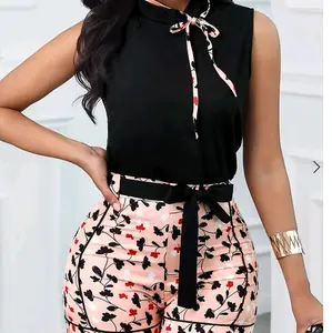 Women's Printed Crew Neck Tank Top and Shorts Set