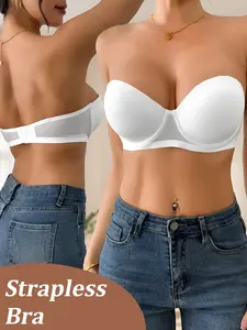 🔥 1 Pack Women's Bandeau Strapless Bra | Removable Clear Invisible Straps Convertible 2-Way Wear | Underwire Push Up Anti-Sagging Side Control | Non-Slip No Gaping No Riding Up | For Off-Shoulder Date Commute Daily Wear