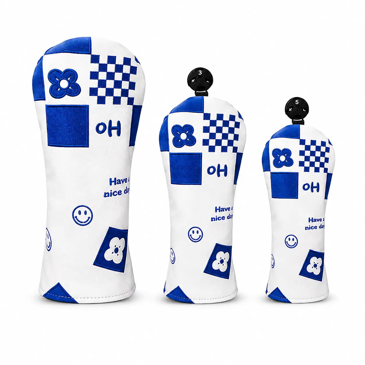 Blue Patchwork Golf Headcover Set, 3-Piece Driver Fairway Wood & Hybrid Club Covers, White and Blue PU Leather Golf Accessories