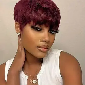 Short Straight Pixie Cut Human Hair Wig Wine Red Full Machine Short Pixie Cut Women Daily Use