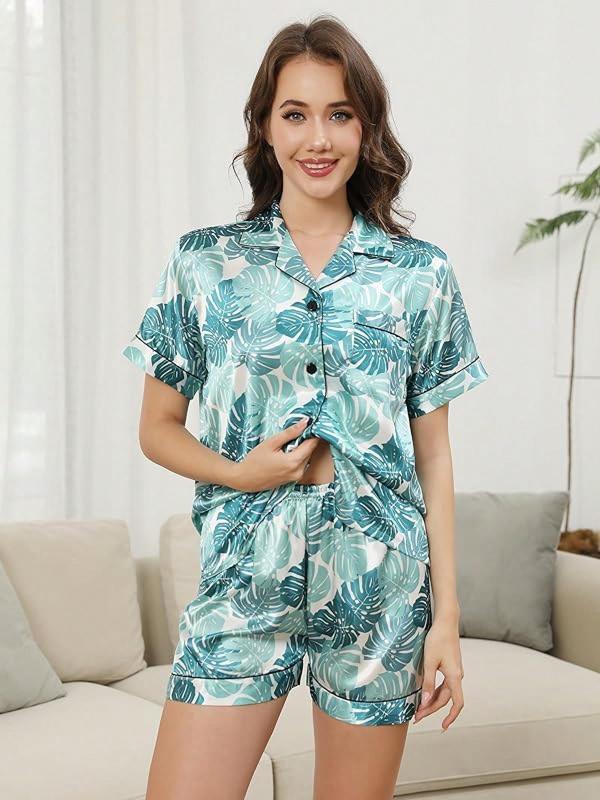 GAESHOW Silk Women Short Sleeve Button Down Sleepwear Loungewear 2 Piece Satin Pj SetsHalloween Christmas New Year - Light Green Leaf