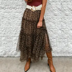 Woman's Leopard Print Maxi Skirt Boho Chic Ruffle Tiered Elastic Waist Lightweight Flowy Summer Skirt For Women Casual Outdoor Beach Vacation Party Clubwear