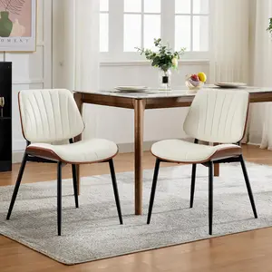 Garvee Mid Century Modern Dining Chairs Set of 2 with Walnut Bentwood Back, Metal Legs, and Upholstered PU Leather Seat, Available in White and Black for Kitchen and Living Room