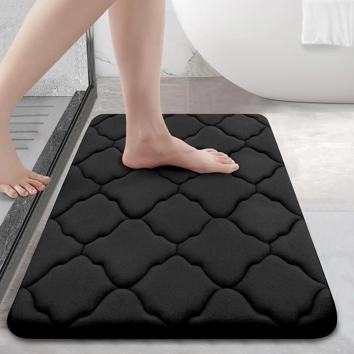 Memory Foam Bath Mat - 24x16 Inch, Non-Slip & Absorbent, Machine Washable for Bathroom & Shower Black