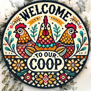 Vintage Chicken Coop Decor Welcome Sign Colorful Rooster Tin Sign 8 Inch Round Waterproof Wall Art with HD Prints for Indoor Outdoor Garden Farmhouse Room Decor