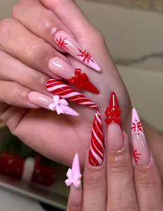 Candy Cane Bow Christmas Nails | Red & Pink Christmas Nails | 3D Bow Holiday Nail Art | Sweet Festive Nails | Winter Party Press Ons