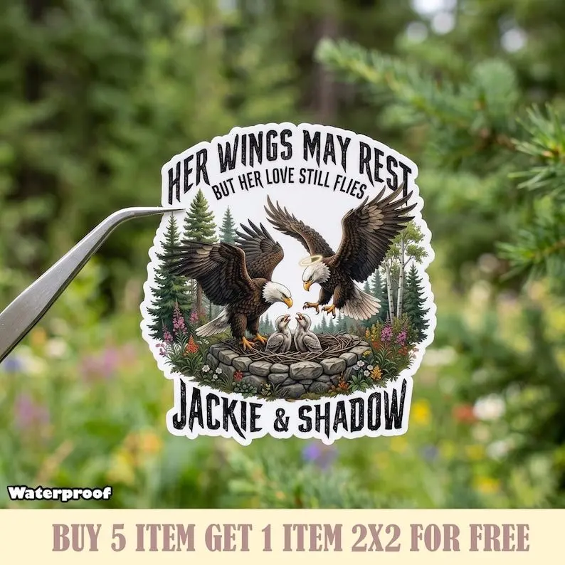 Jackie and Shadow Sticker, Her Wings May Rest Magnet, Bald Eagle Memorial Decal