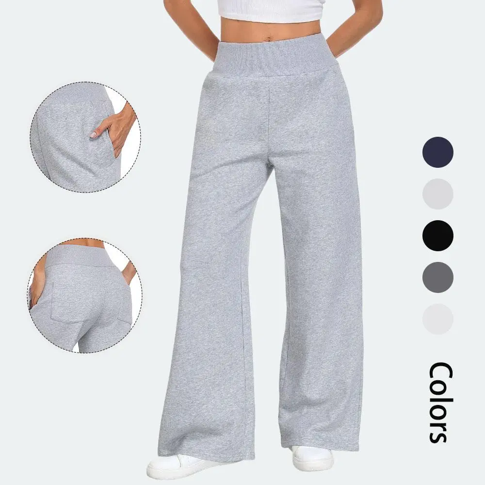 Women's Wide Leg Sweatpants Ribbed High Waist Straight Leg Baggy Lounge Pants Loose Workout Joggers with Pockets High Waisted Sportswear