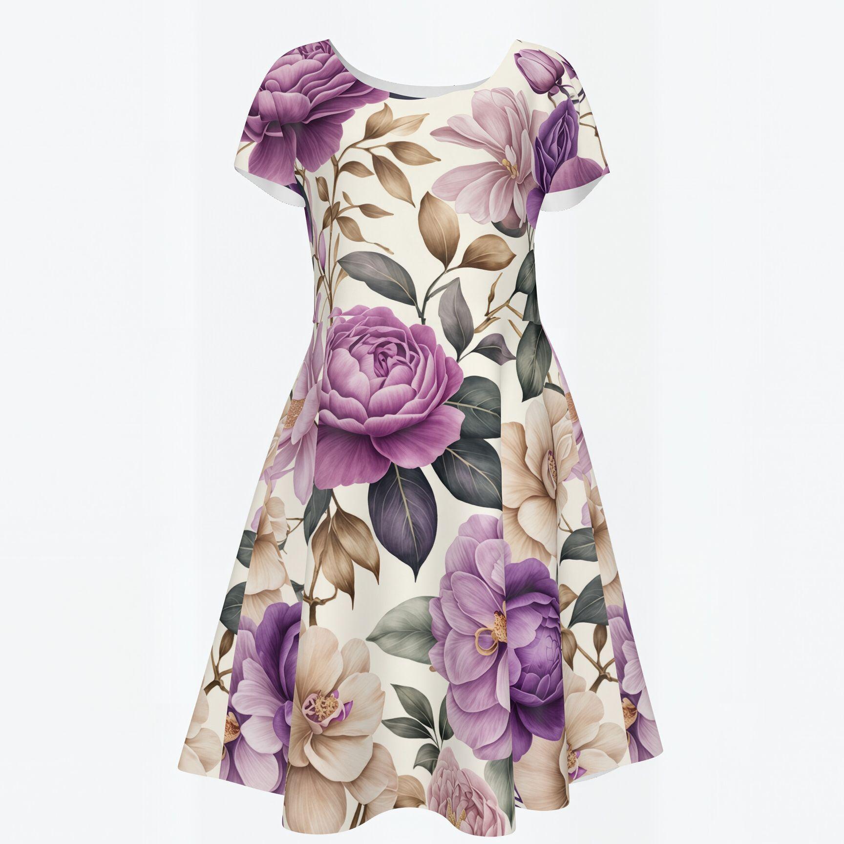 Vintage Floral Print Dress for Women Elegant Knee Length A-Line Swing Dress Short Sleeve round Neck Summer Casual Dress Fit and Flare Dress for Wedding Guest Party Cocktail Holiday Beach Travel Lightweight Comfortable