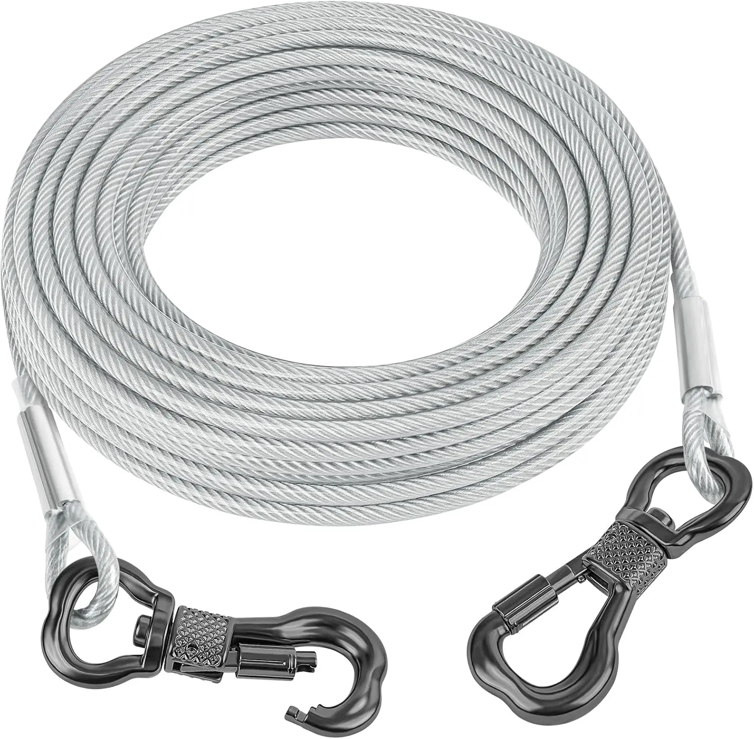 15FT Reflective Tie Out Cable for Dogs Up to 250 Pounds, Steel Wire Lead Leash Cable with Stainless Dual Fix Buckle, Lightweight and Enduring, Dog Chains