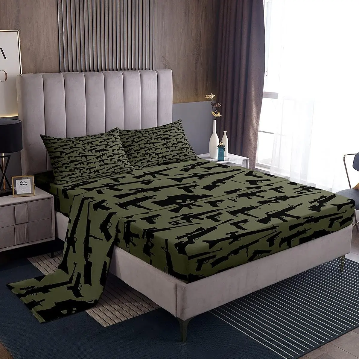 Feelyou Soft Military Theme Decorative Bedsheet Sets - Army Green Microfiber Queen Bedding Set with Machine Gun-Rifle Pattern for Boys' Bedrooms