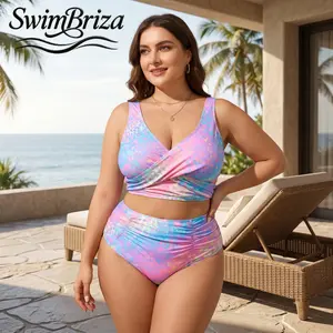 Briza｜Women's Plus Size Wrap Front Tankini Swimsuit Set Pink Blue Leopard Two-Piece Bathing Suit with High Waisted Bikini Bottom Tummy Control Swimwear for Beach Pool Vacation Summer Resort, Women's Swimwear, Bathing Suit for Women