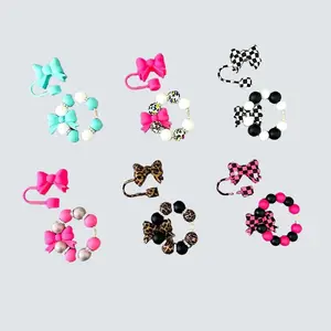 Bow Tumbler Cup Accessories - Handle Charm and Straw Topper - Leopard Print - Turquoise - Hot Pink - Checkered
