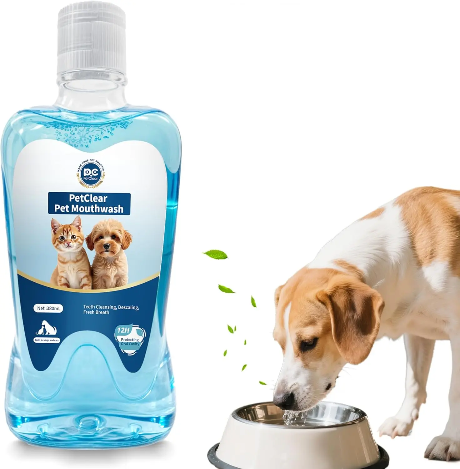Pet Dental Water Additive for Dogs & Cats, 12.85 fl oz No-Brushing Mouthwash with Probiotics for Fresh Breath & Daily Oral Care