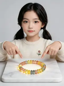 8mm Mixed Citrine Sunstone Labradorite Beaded Bracelet, Adjustable Elastic Charm Bracelet for Women, Dainty Wealth Luck Positive Energy Jewelry Gift