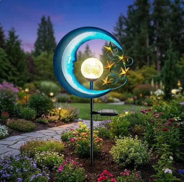 Whimsical Celestial Moon Garden Stake - Solar Powered Starry Crackle Glass Light, Outdoor Decor Sun Catcher Sculpture Ornament (Home Improvement, Garden Supplies, Night Lighting)
