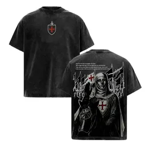 Unisex Vintage Washed Retro Baldwin IV Leper King Crusader Garment, Kingdom of Heaven Jerusalem Cross Medieval Christian T-Shirt Top, Short-Sleeve Knight Templar Warrior Armor Graphic Tee, Oversized Aesthetic Stoic Sigma History Gym Pump Cover