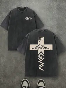 Vintage Washed Loose Fit T-Shirt, Dual-Sided Mountain Cross Print, Y2K Retro Street Style, Unisex Casual Top, All Seasons Wear
