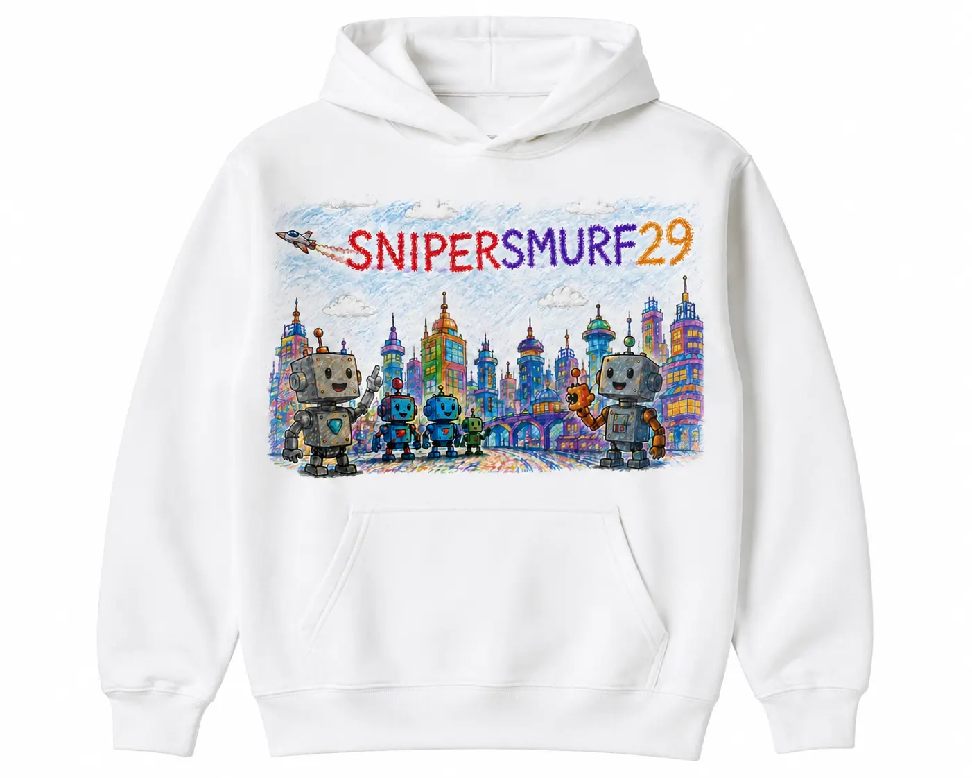 Women's Gildan White Pullover Hoodie - Colorful Snipersmurf29 Robot & Cityscape Print, Long Sleeve, Unique Streetwear Top for Fans