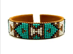 Turquoise Native Cuff Bracelet - Western Style Seed Bead Leather Cuff - Beaded Cuff Bracelets - Gift Ideas - Gift for Her