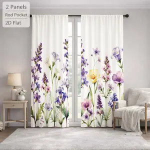 2 Pcs Watercolor Floral Botanic Pattern Curtains Digital Printed Rod Pocket for Bedroom Office Kitchen Living Room Study Home Decor