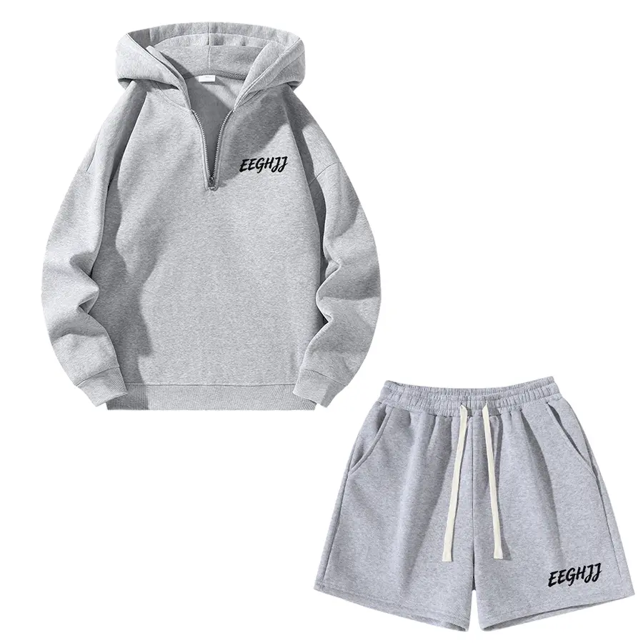 Men’s two-piece fashion solid-color outfit set: half-zip hooded sweatshirt top and drawstring shorts, regular fit, suitable for everyday wear and autumn/winter seasons.