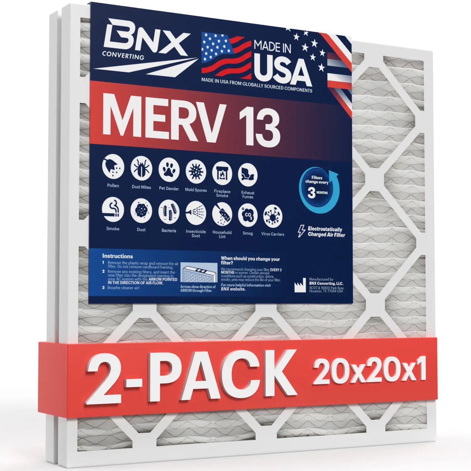 BNX TruFilter 20x20x1 in Home Replacement Air Filter MERV 13 (2-Pack) - MADE IN USA - Electrostatic Pleated HVAC AC Furnace Air Conditioner Filter for Allergies, Pollen, Smoke, MPR 1900 FPR 10