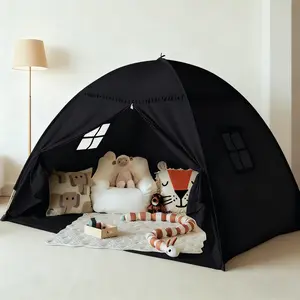 Full Size Bed Tent Canopy - Lights & Flags, Blackout Breathable, Indoor Floor Bed Kids Playhouse, Portable Cottage for Drafty Rooms
